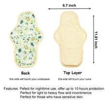 Load image into Gallery viewer, Top layer and waterproof PUL layer of Luckypads cloth menstrual pads, Night Pads with dimensions labeled