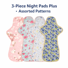 Load image into Gallery viewer, 3-piece Luckypads organic cotton cloth menstrual pads, Night Pads Plus with assorted patterns