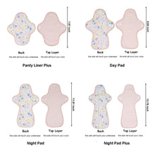 Load image into Gallery viewer, LUCKYPADS Organic Cotton Cloth Menstrual Pads Size Guide in Yellow Floral