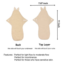 Load image into Gallery viewer, Top layer and waterproof PUL layer of Luckypads organic cotton cloth pads, Day Pads Plus with dimensions labeled