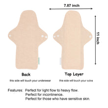 Load image into Gallery viewer, Top layer and waterproof PUL layer of Luckypads organic cotton cloth pads, Day Pads Plus with dimensions labeled