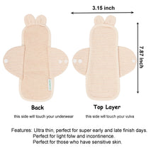 Load image into Gallery viewer, Top layer and waterproof PUL layer of Luckypads organic cotton reusable menstrual pads, Day Pads with dimensions labeled