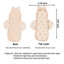 Load image into Gallery viewer, Top layer and waterproof PUL layer of Luckypads organic cotton reusable menstrual pads, Day Pads with dimensions labeled