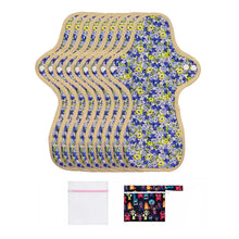 Load image into Gallery viewer, 9-piece LUCKYPADS Organic Cotton Reusable Overnight Period Pads in Blue Floral – 11.81 Inch