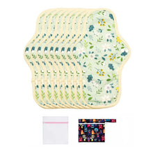 Load image into Gallery viewer, 9-piece LUCKYPADS Organic Cotton Reusable Overnight Period Pads in Green Floral – 12.01 Inch