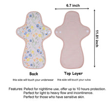 Load image into Gallery viewer, Top layer and waterproof PUL layer of Luckypads organic cotton reusable pads, Night Pads with dimensions labeled