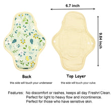 Load image into Gallery viewer, Top layer and waterproof PUL layer of Luckypads reusable menstrual pads, Day Pads with dimensions labeled