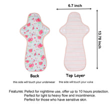 Load image into Gallery viewer, Top layer and waterproof PUL layer of Luckypads reusable menstrual pads for heavy flow, Night Pads Plus with dimensions labeled