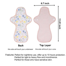Load image into Gallery viewer, Top layer and waterproof PUL layer of Luckypads reusable menstrual pads for heavy flow, Night Pads with dimensions labeled