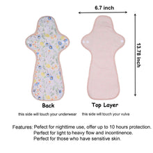 Load image into Gallery viewer, Top layer and waterproof PUL layer of Luckypads reusable menstrual pads for heavy flow, Night Pads Plus with dimensions labeled