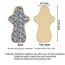 Load image into Gallery viewer, LUCKYPADS Organic Cotton Reusable Overnight Period Pads Size Guide in Blue Floral – 11.81 Inch