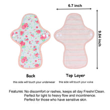 Load image into Gallery viewer, Top layer and waterproof PUL layer of Luckypads reusable sanitary pads, Day Pads with dimensions labeled