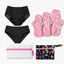 Load image into Gallery viewer, First Period Starter Kit for Teens | 2 Period Underwear, 3 Organic Cotton Reusable Pads & FREE Accessories