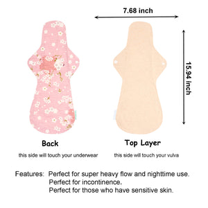 Top layer and waterproof PUL layer of Luckypads cloth menstrual pads, Super Night Pads Plus with dimensions labeled