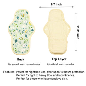 Top layer and waterproof PUL layer of Luckypads cloth menstrual pads, Night Pads with dimensions labeled