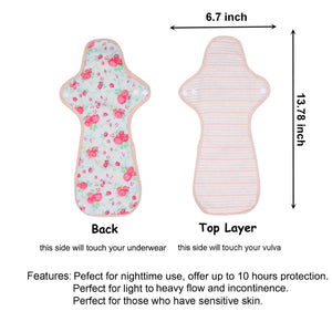 Top layer and waterproof PUL layer of Luckypads cloth menstrual pads, Night Pads Plus with dimensions labeled