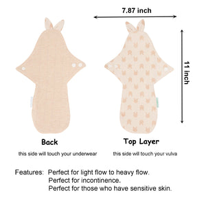 Top layer and waterproof PUL layer of Luckypads cloth menstrual pads, Day Pads Plus with dimensions labeled