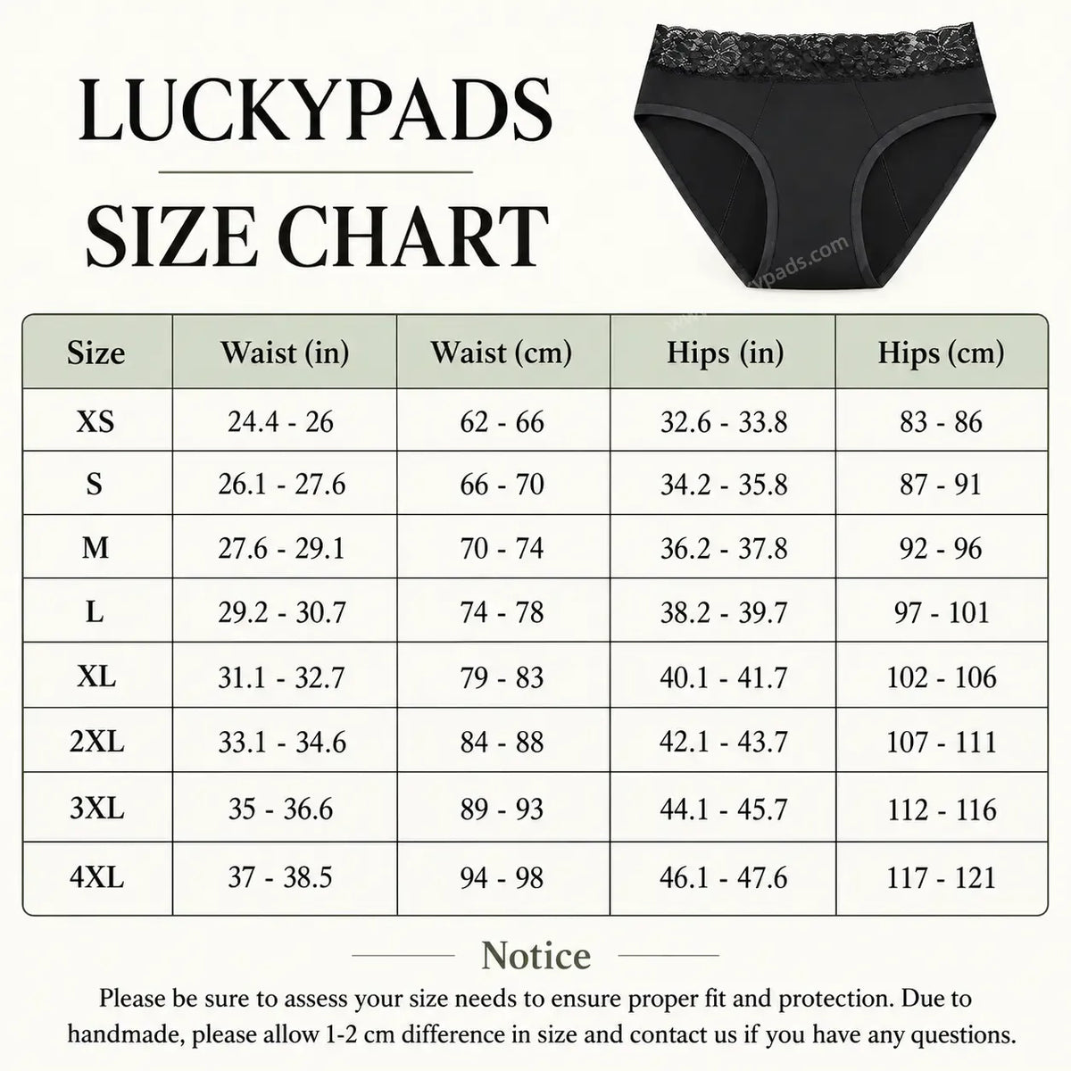 Size chart for Detachable Lace Period Brief | ≈4 Regular Tampons | OEKO-TEX Certified | Free Wet Bag & Laundry Bag
