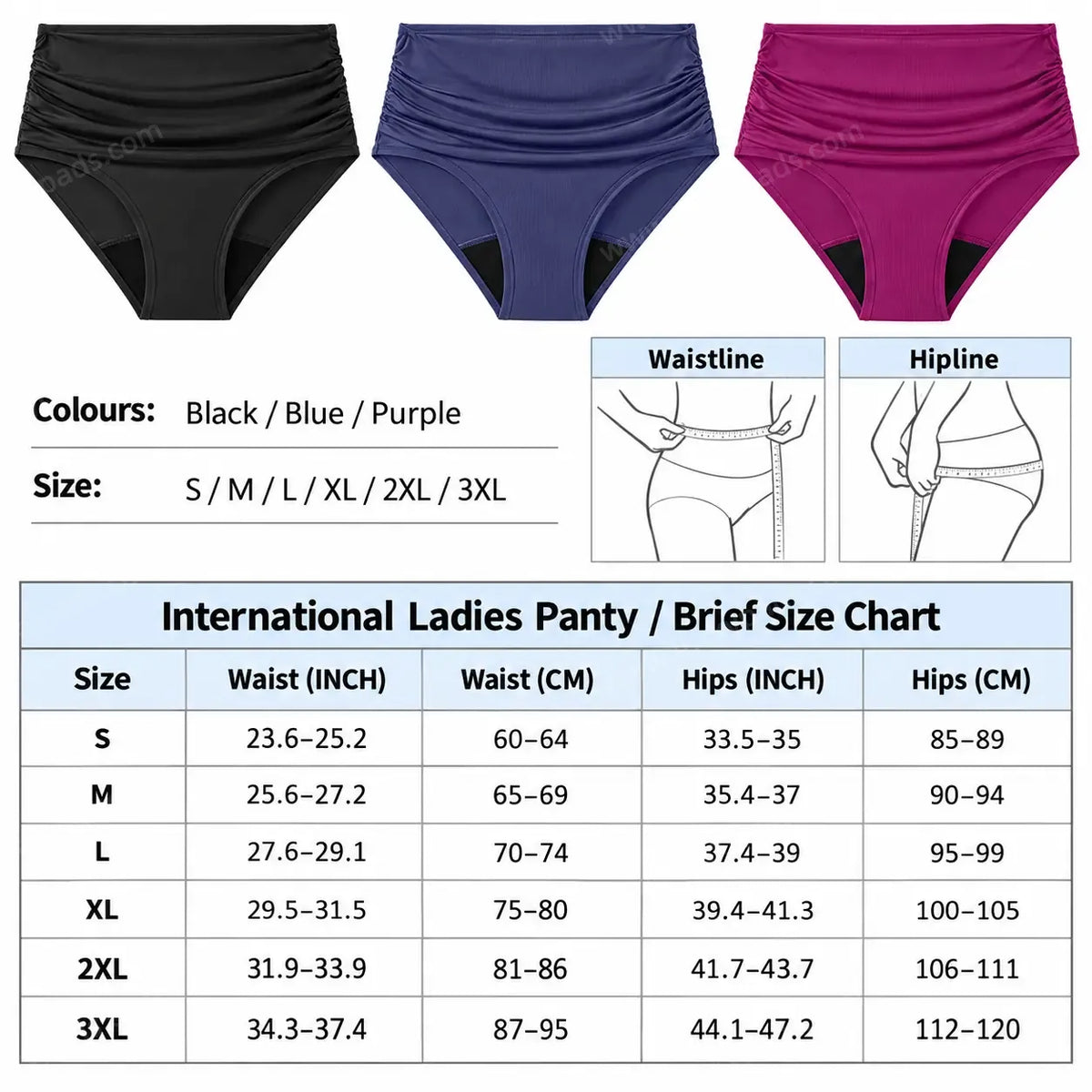 Size chart for High Waist Period Bikini | ≈3 Regular Tampons | OEKO-TEX Certified | Free Wet Bag & Laundry Bag