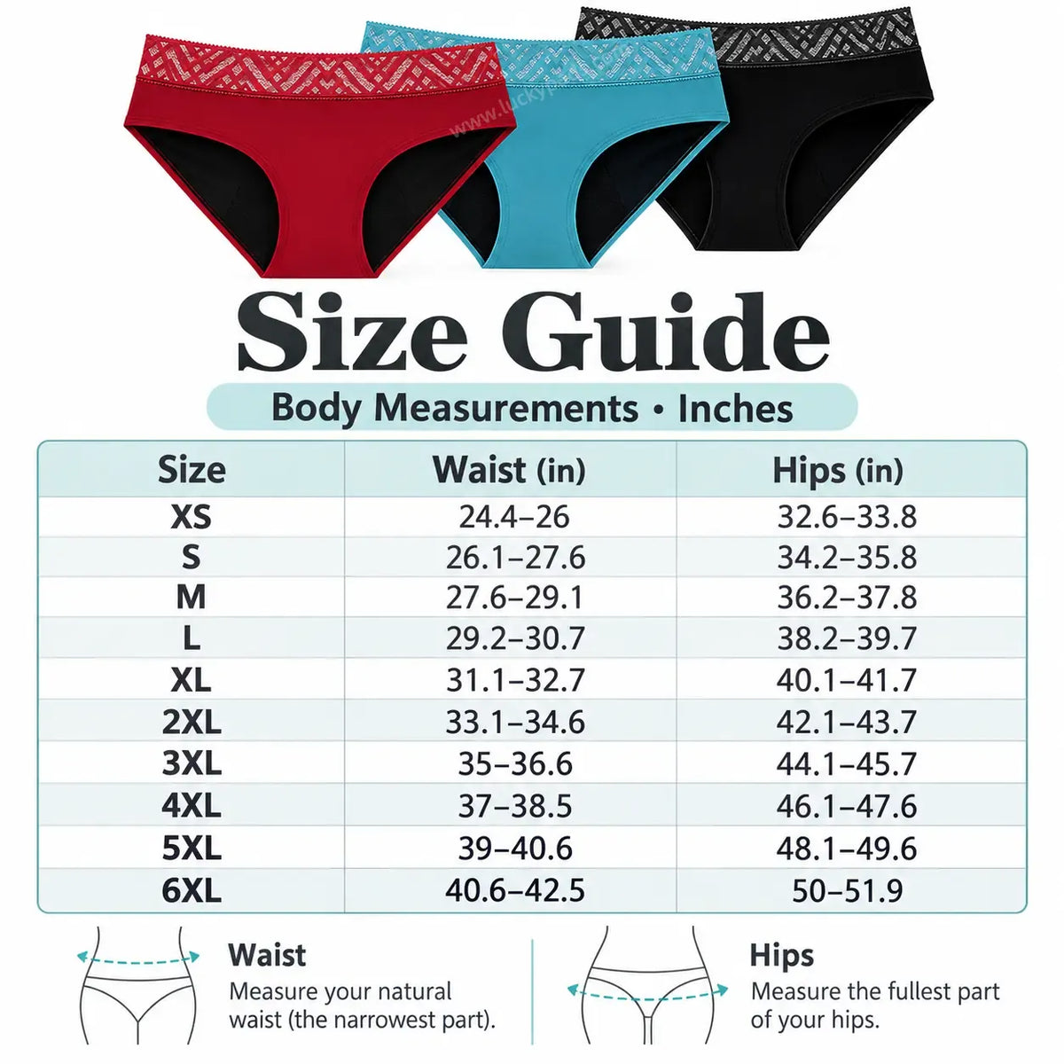 Size chart for Mid Rise Lace Period Brief | ≈4 Regular Tampons | OEKO-TEX Certified | Free Wet Bag & Laundry Bag
