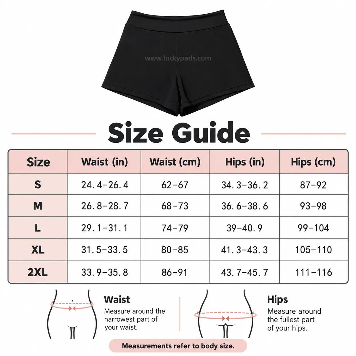 Size chart for Boyshort Period Swimwear | ≈3 Regular Tampons | OEKO-TEX Certified | Free Wet Bag & Laundry Bag