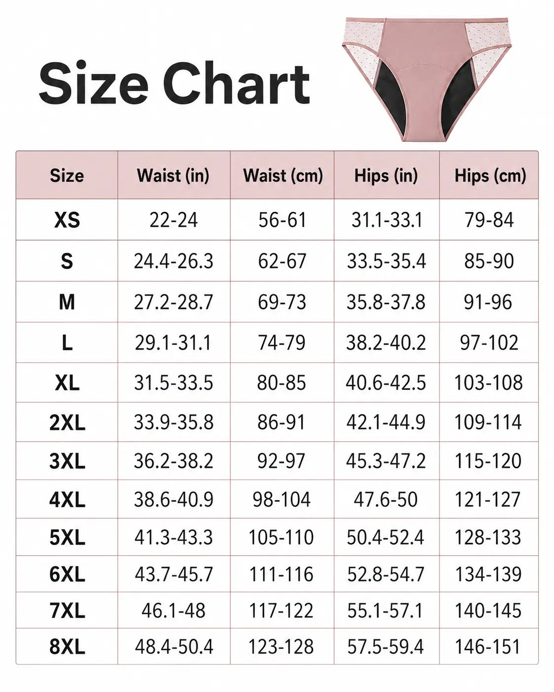 Size chart for Lace Period Brief | ≈4 Regular Tampons | OEKO-TEX Certified | Free Wet Bag & Laundry Bag