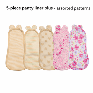 5-piece Luckypads organic cotton cloth menstrual pads, Panty Liners Plus with assorted patterns