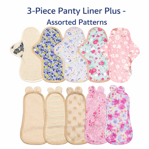 3-piece Luckypads organic cotton cloth menstrual pads, Panty Liners Plus with assorted patterns