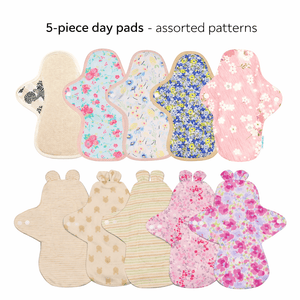 5-piece Luckypads organic cotton cloth menstrual pads, Day Pads with assorted patterns
