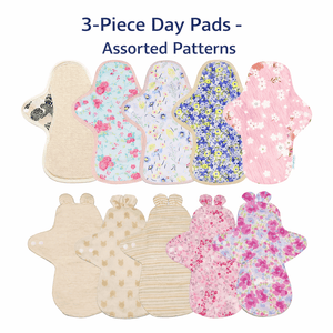 3-piece Luckypads organic cotton cloth menstrual pads, Day Pads with assorted patterns