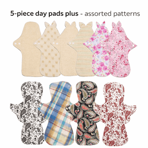 5-piece Luckypads organic cotton cloth menstrual pads, Day Pads Plus with assorted patterns