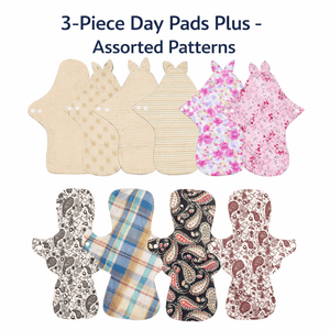 3-piece Luckypads organic cotton cloth menstrual pads, Day Pads Plus with assorted patterns