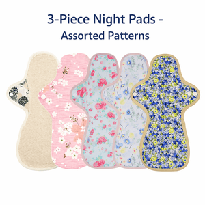 3-piece Luckypads organic cotton cloth menstrual pads, Night Pads with assorted patterns