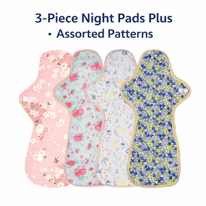 3-piece Luckypads organic cotton cloth menstrual pads, Night Pads Plus with assorted patterns