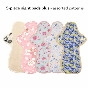 5-piece Luckypads organic cotton cloth menstrual pads, Night Pads Plus with assorted patterns