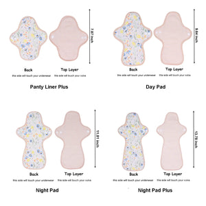 LUCKYPADS Organic Cotton Cloth Menstrual Pads Size Guide in Yellow Floral