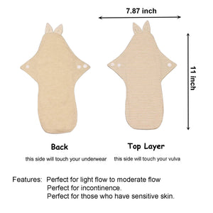 Top layer and waterproof PUL layer of Luckypads organic cotton cloth pads, Day Pads Plus with dimensions labeled