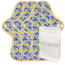 Load image into Gallery viewer, 3-piece LUCKYPADS Organic Cotton Day Cloth Menstrual Pads in Blue Floral – 9.84 Inch
