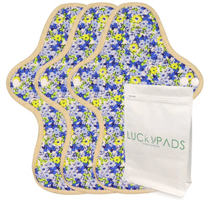 3-piece LUCKYPADS Organic Cotton Day Cloth Menstrual Pads in Blue Floral – 9.84 Inch