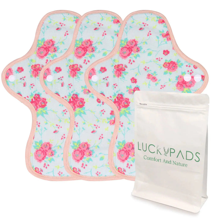3-piece LUCKYPADS Organic Cotton Day Cloth Menstrual Pads in Red Floral – 9.84 Inch