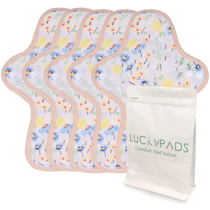 5-piece LUCKYPADS Organic Cotton Day Cloth Menstrual Pads in Yellow Floral – 9.84 Inch