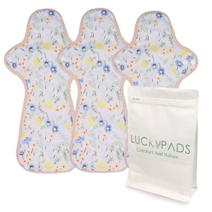 3-piece LUCKYPADS Organic Cotton Extra Overnight Cloth Menstrual Pads in Yellow Floral – 13.78 Inch