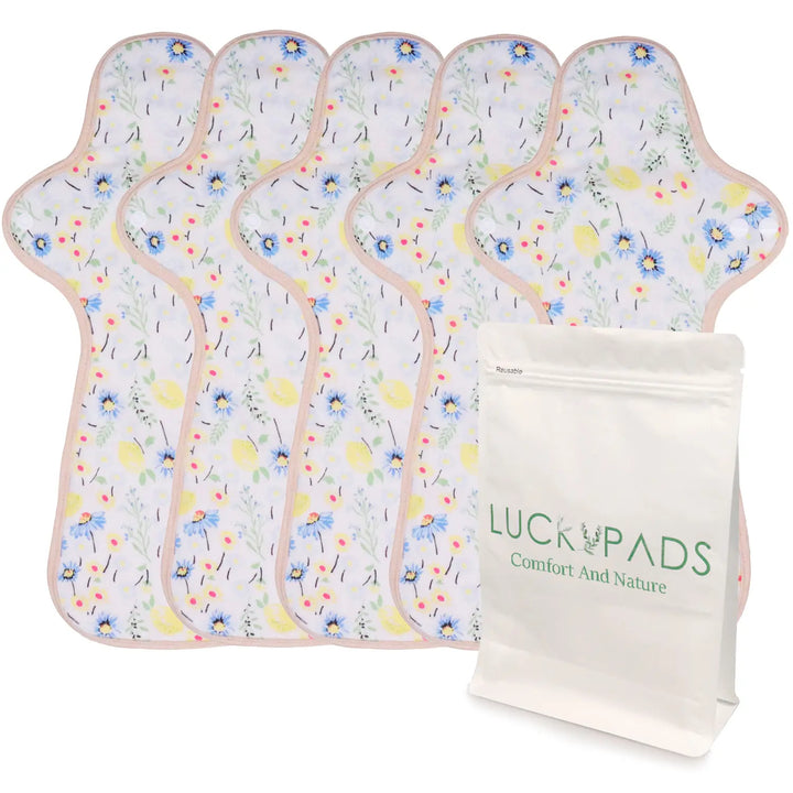 5-piece LUCKYPADS Organic Cotton Extra Overnight Cloth Menstrual Pads in Yellow Floral – 13.78 Inch
