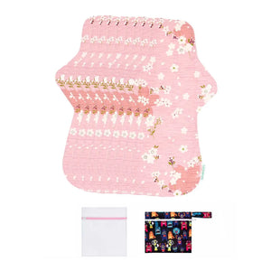 9-piece LUCKYPADS Organic Cotton Reusable Extra Overnight Period Pads in Pink Floral – 13.98 Inch