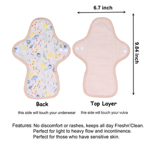 Top layer and waterproof PUL layer of Luckypads organic cotton reusable menstrual pads, Day Pads with dimensions labeled