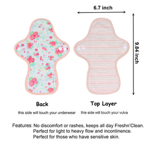 Top layer and waterproof PUL layer of Luckypads organic cotton reusable menstrual pads, Day Pads with dimensions labeled