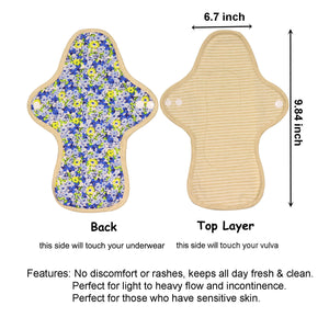 Top layer and waterproof PUL layer of Luckypads organic cotton reusable menstrual pads, Day Pads with dimensions labeled