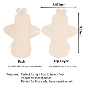 Top layer and waterproof PUL layer of Luckypads organic cotton reusable menstrual pads, Day Pads with dimensions labeled