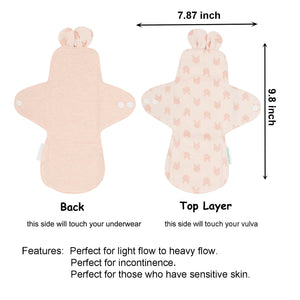 Top layer and waterproof PUL layer of Luckypads organic cotton reusable menstrual pads, Day Pads with dimensions labeled