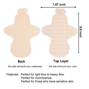 Top layer and waterproof PUL layer of Luckypads organic cotton reusable menstrual pads, Day Pads with dimensions labeled